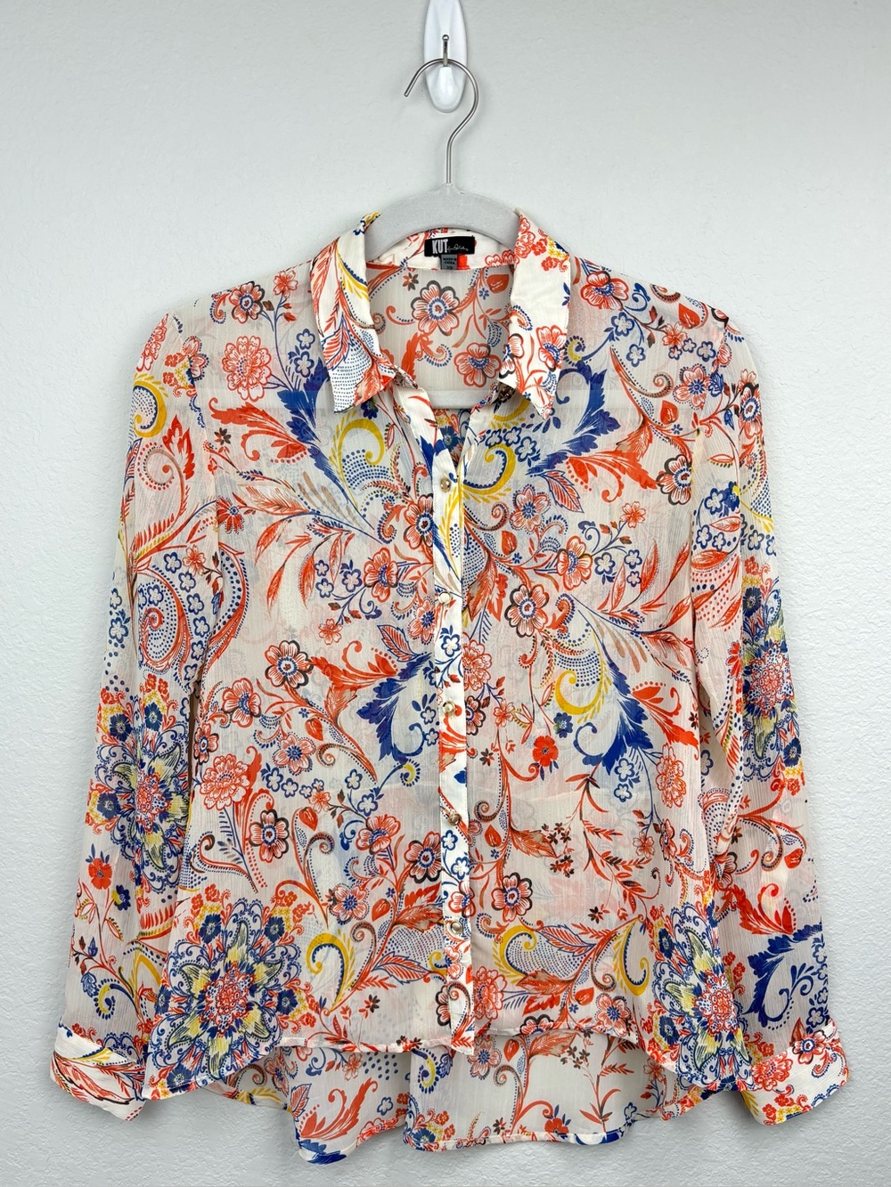 KUT from the Kloth Boho Floral Paisley Sheer Roll Tab Chiffon Blouse Flowy XS